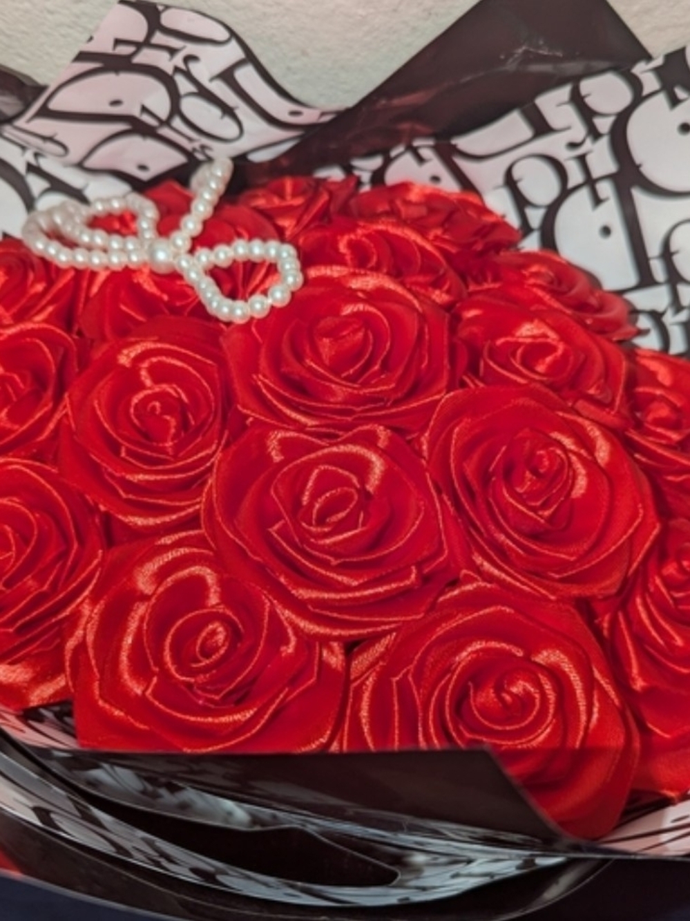 Perfect For Mothers Day. Dior Red Satin Forever Roses with Pearl Bow Accent